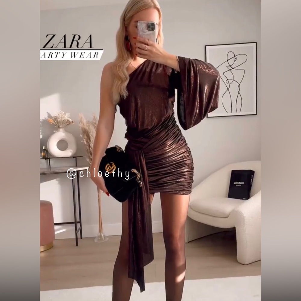 Zara BRONZE ASYMMETRIC RUCHED METALLIC MINI DRESS